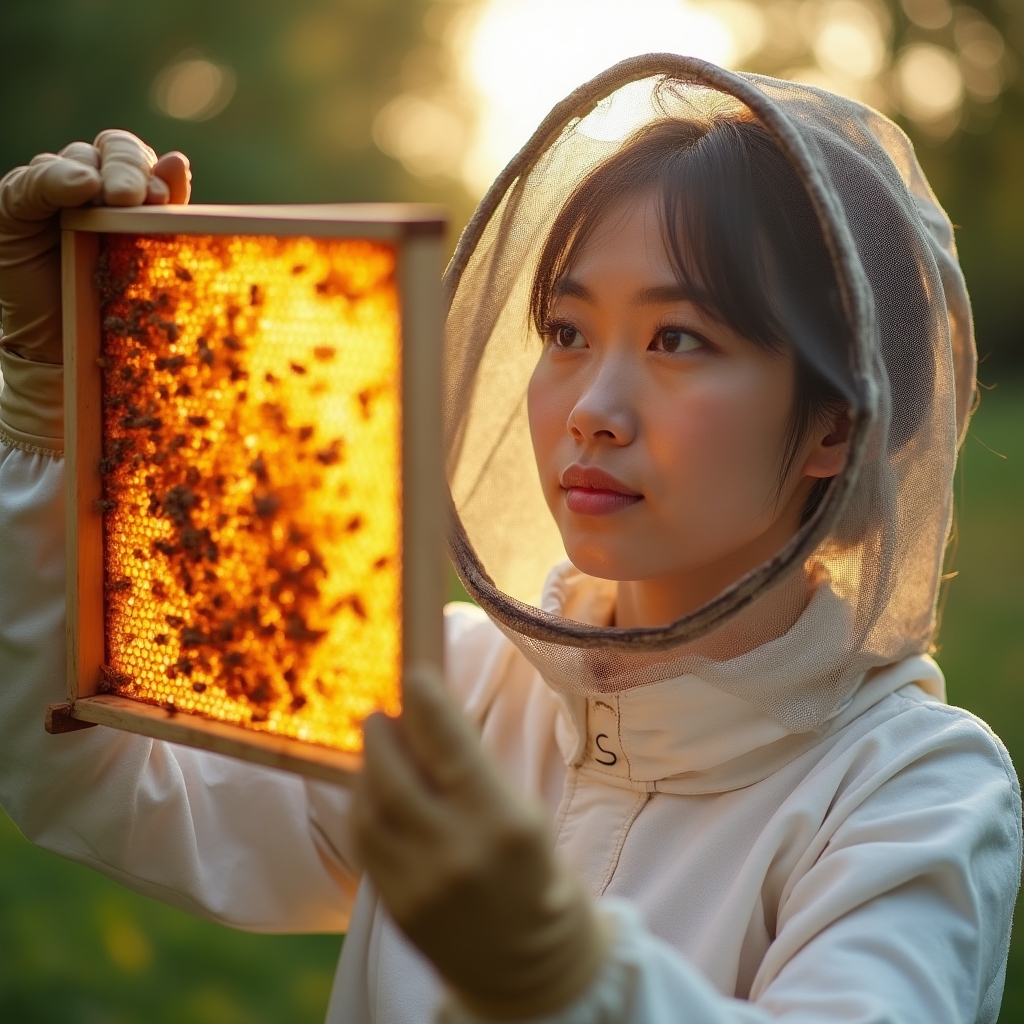 Beekeeper carefully inspecting a honey frame filled with capped cells