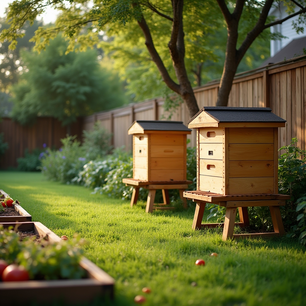 Two wooden Langstroth hive boxes placed in a sunny backyard garden with flowering plants and a wooden fence in the background
