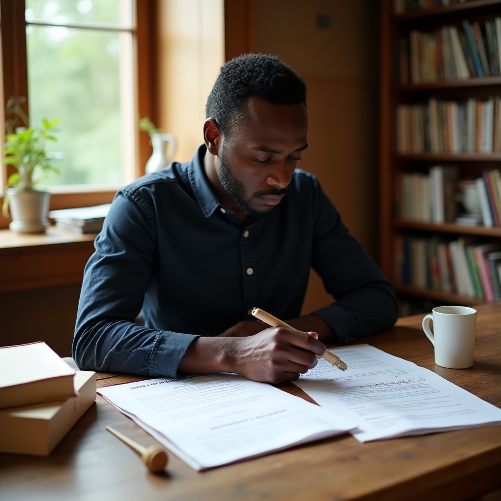 David Osei, curriculum designer, reviewing lesson materials at a wooden desk with beekeeping books nearby