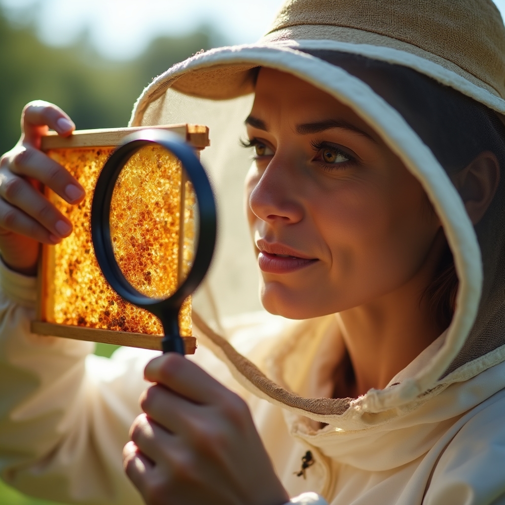 Sofia Reyes, colony health specialist, examining a brood frame with magnifying glass in a bright outdoor setting